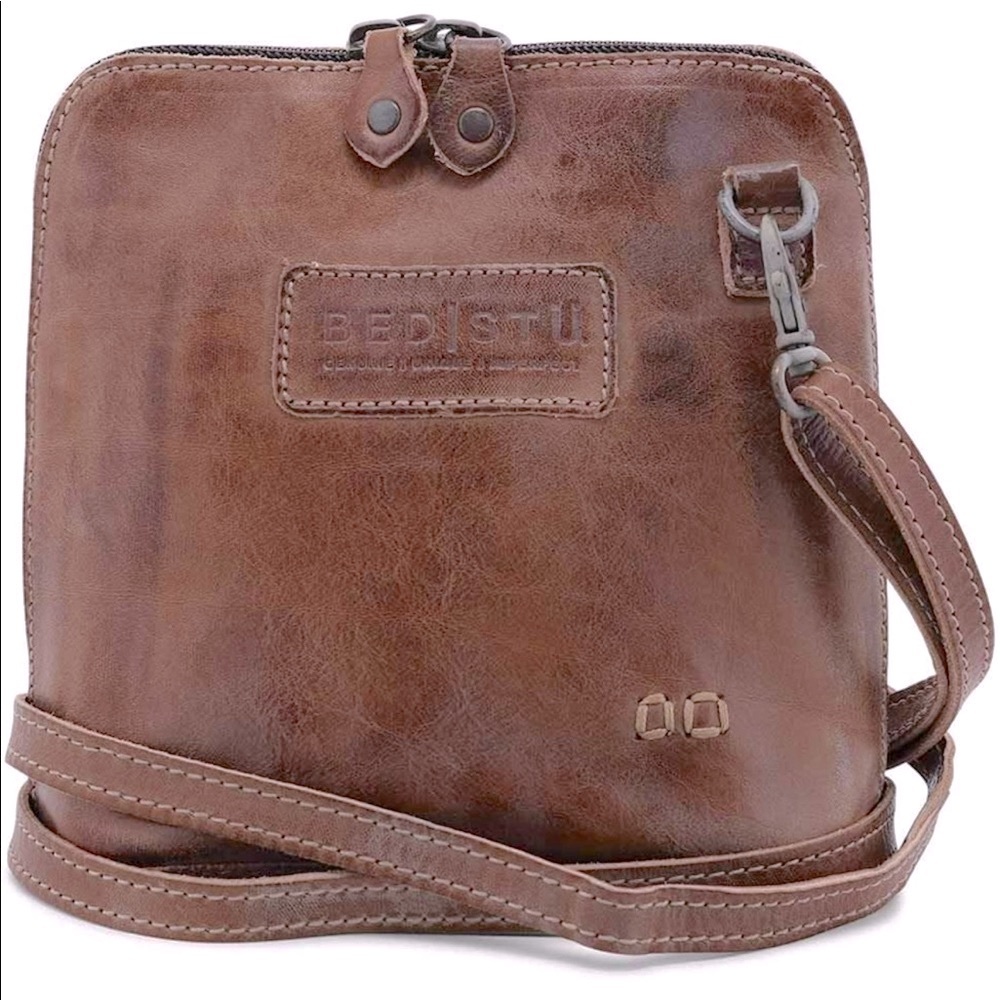 Bed Stu Ventura Leather Crossbody Purse.  7" H, 8"W, 3.5"D. Tan Rustic.